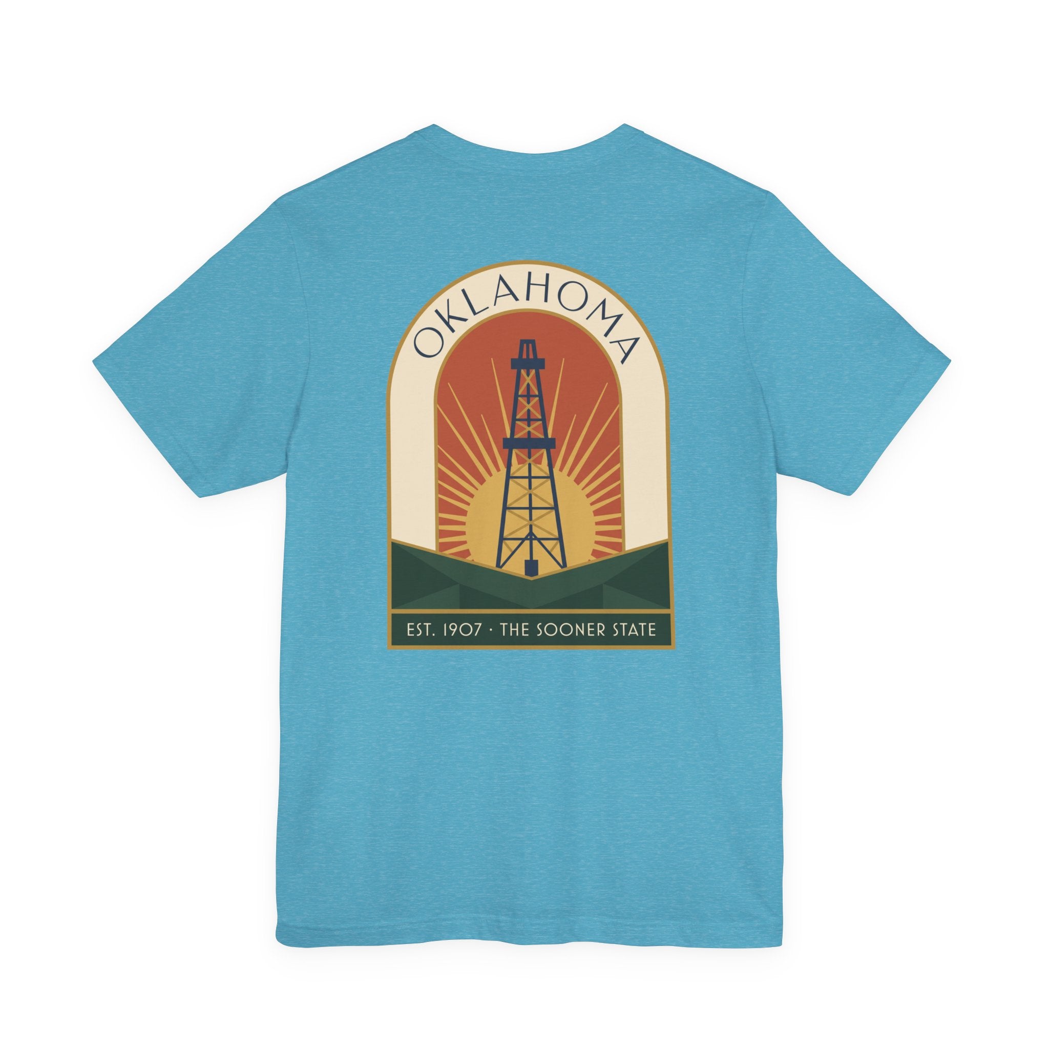 Oklahoma oil derrick art deco T-shirt in teal with front square oil derrick graphic