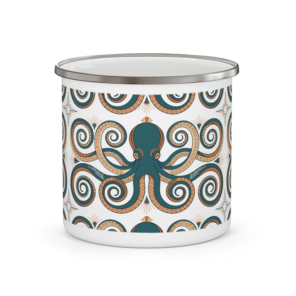 Enamel camping mug with octopus graphic, teal and tan swirls on white, metal rim