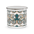 Enamel camping mug with octopus graphic, teal and tan swirls on white, metal rim