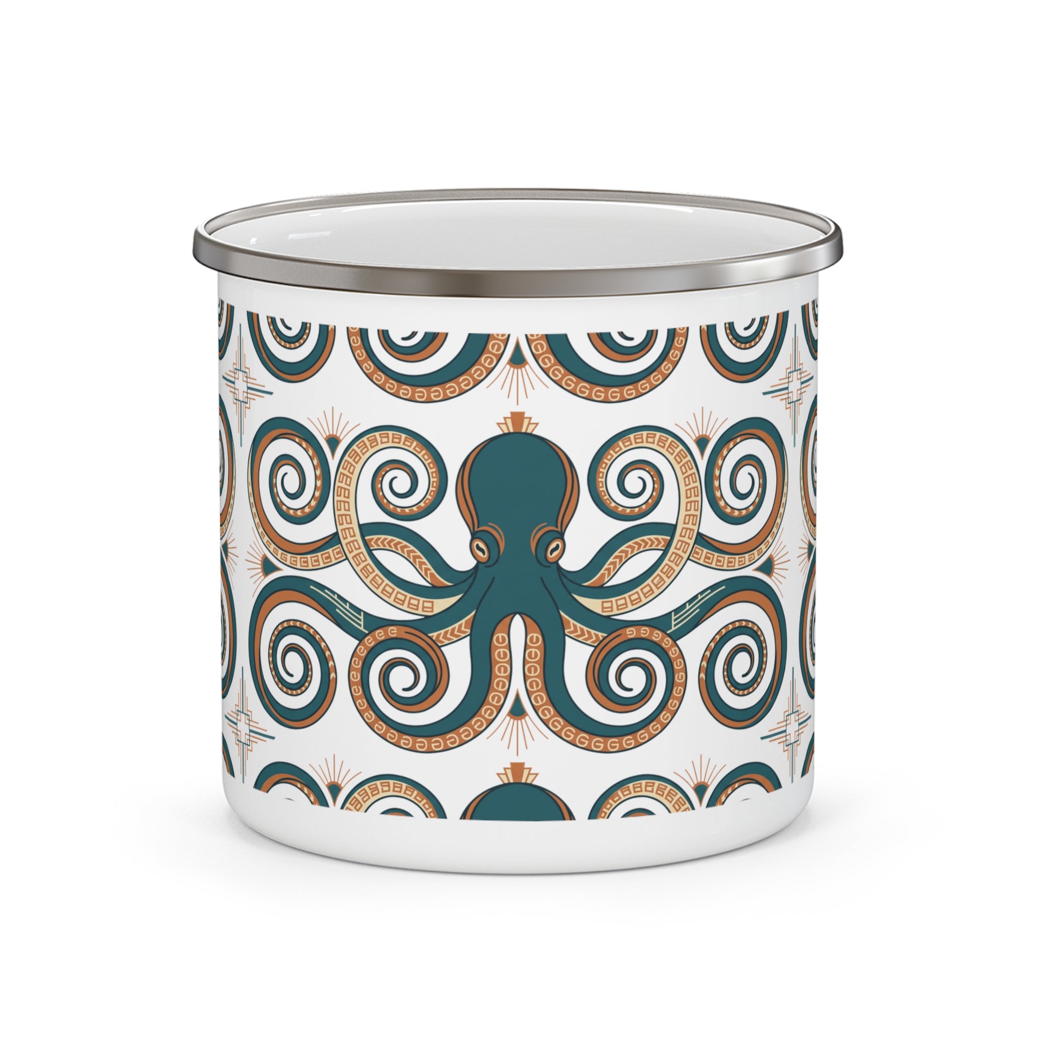 Enamel camping mug with octopus graphic, teal and tan swirls on white, metal rim