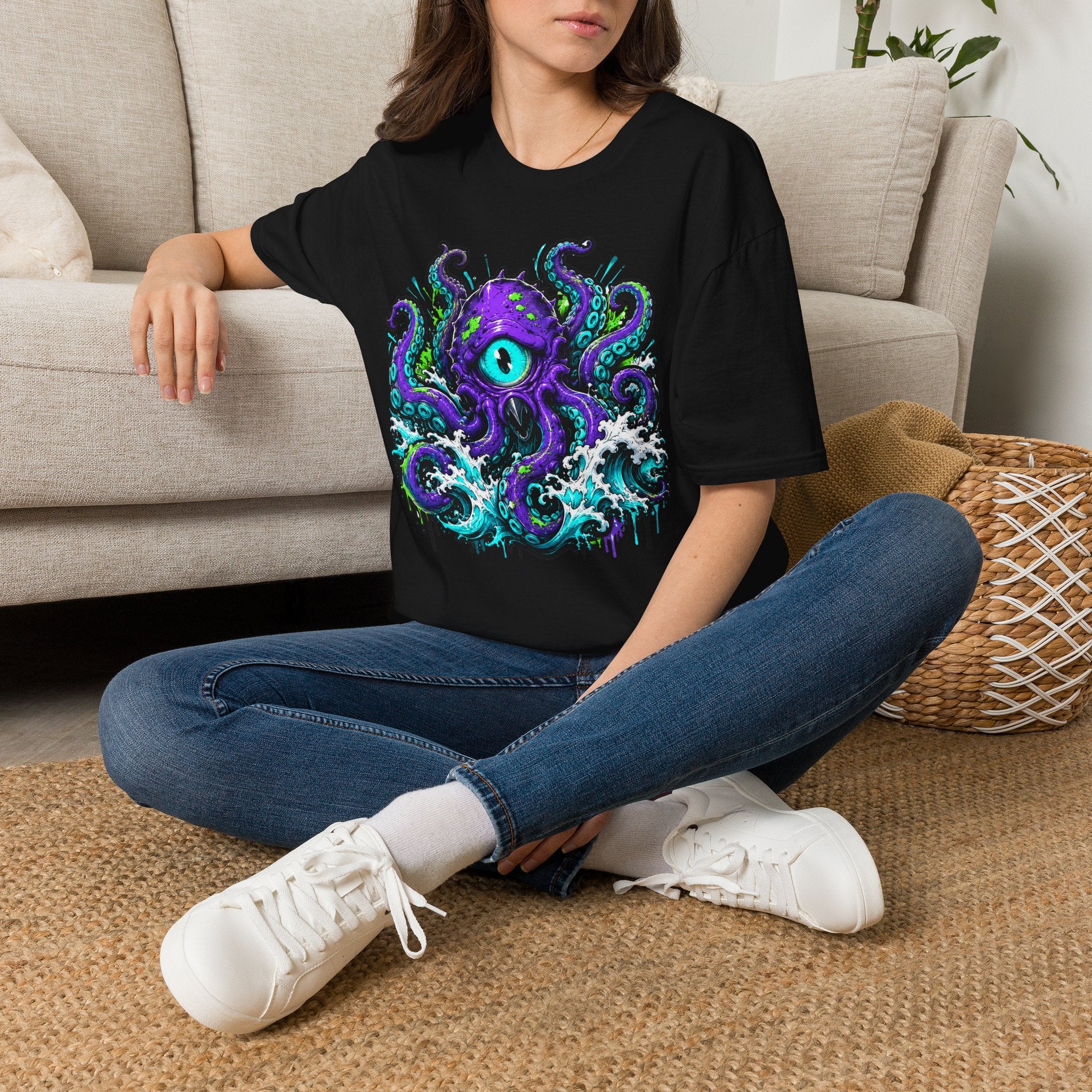 Black crew-neck T-shirt with purple cyclops octopus graphic and teal accents