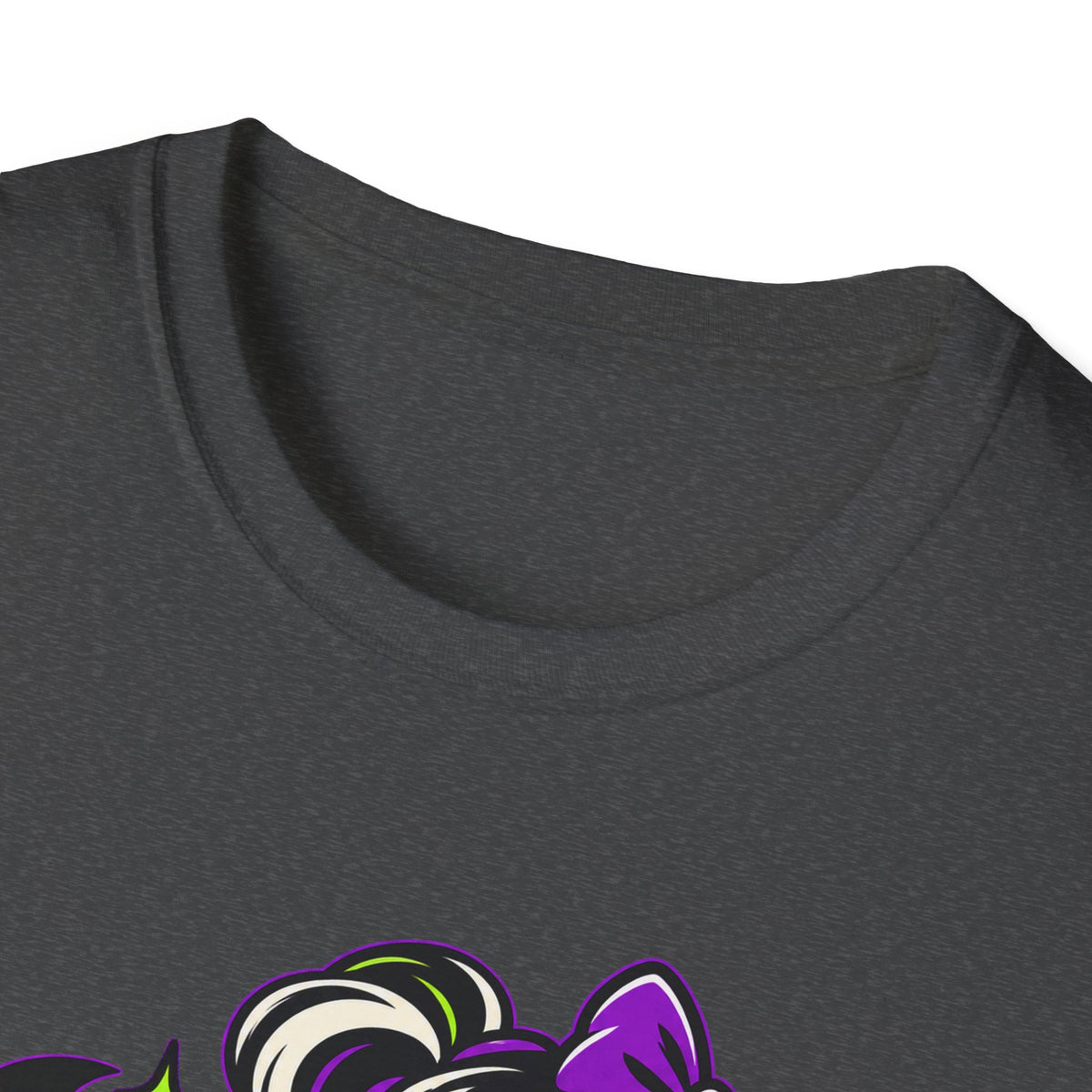 Dark gray crew-neck T-shirt close-up of neckline and top of monster graphic