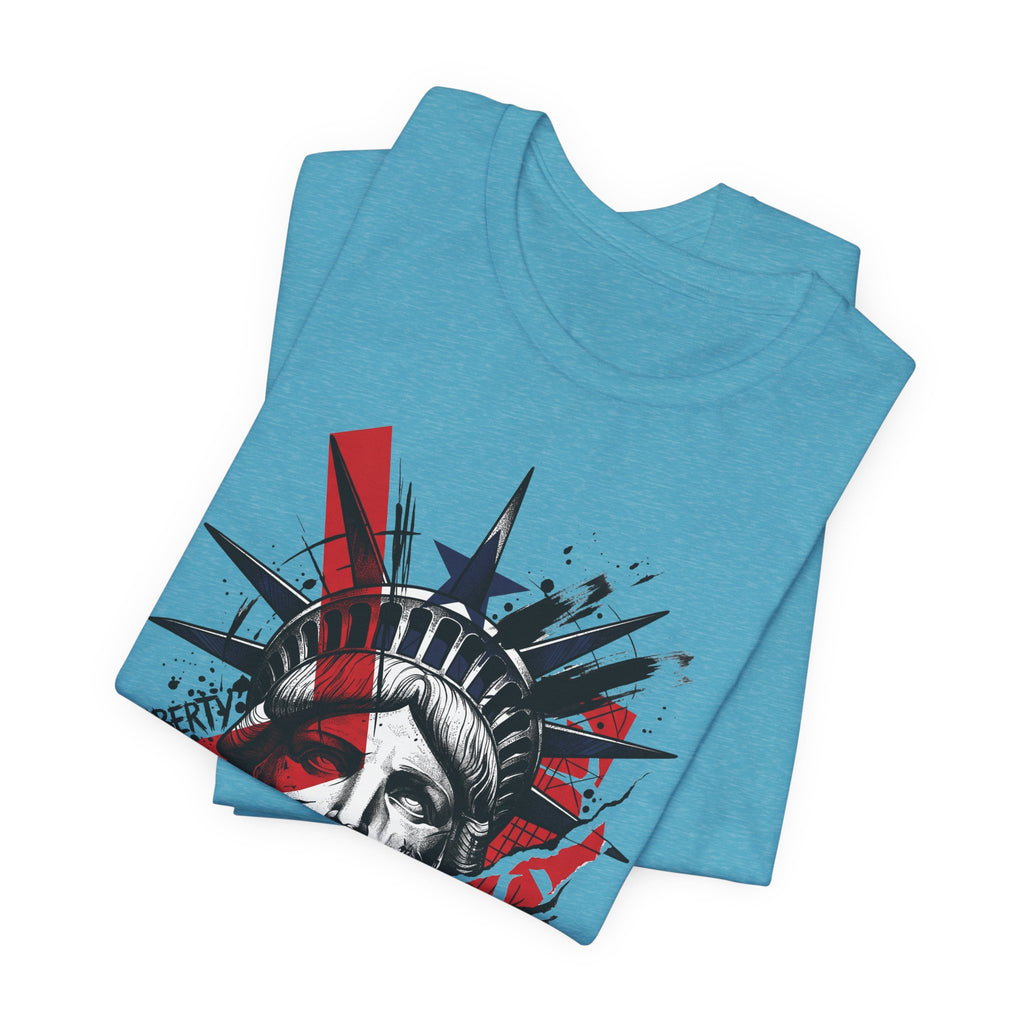 Turquoise graphic T-shirt with Liberty statue head portrait in red, black, white