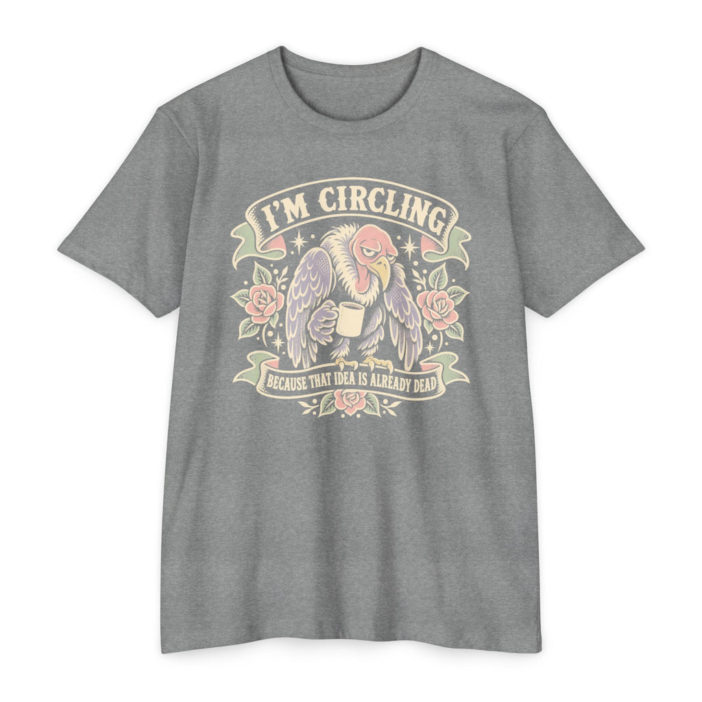 Heather gray vulture graphic T-shirt with winged face and “I’m circling” text