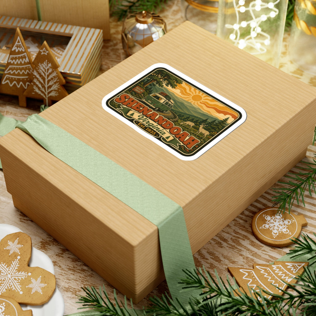 Kiss-cut sticker on a wrapped gift: rounded white border with retro camper and "Virginia" text