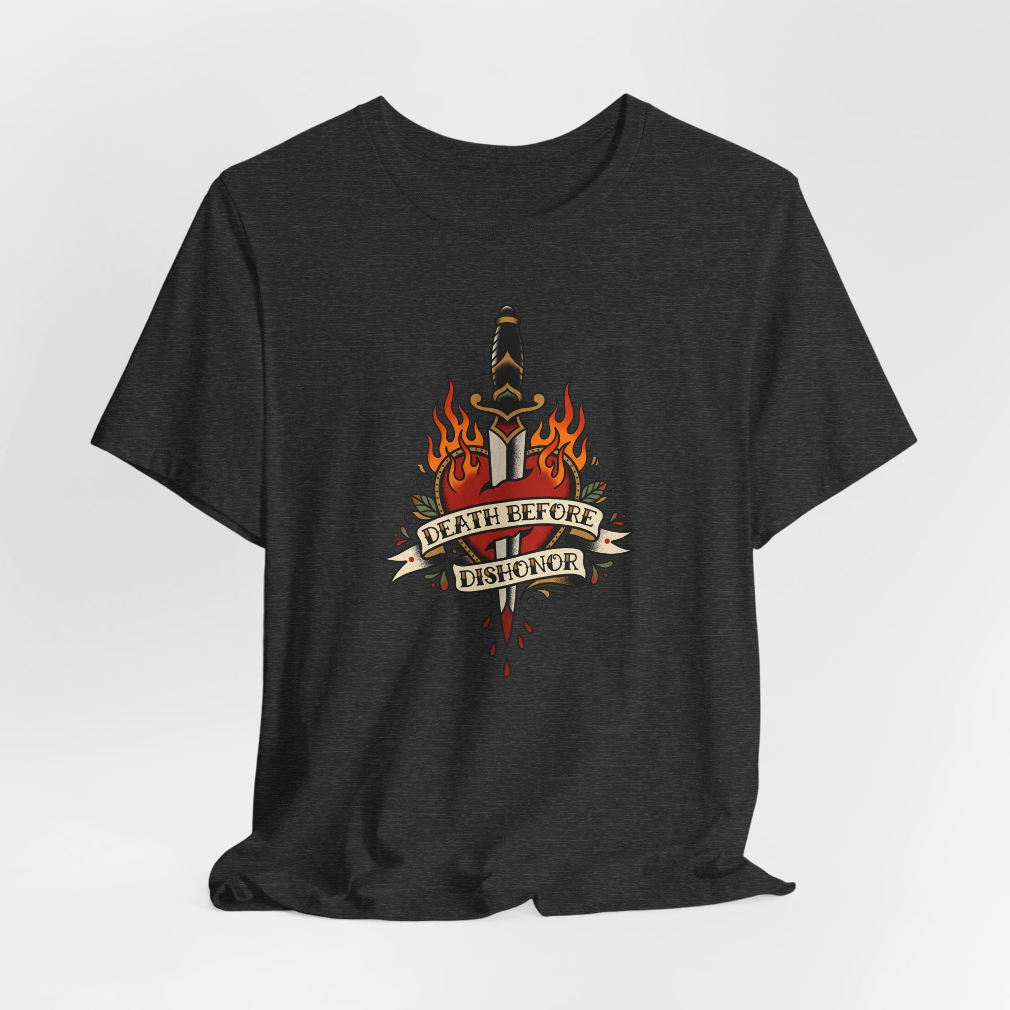 Black T-shirt with flame dagger graphic and banner