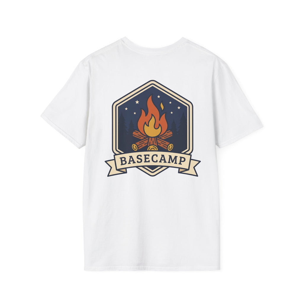 White T-shirt with campfire badge graphic featuring a flame and star details