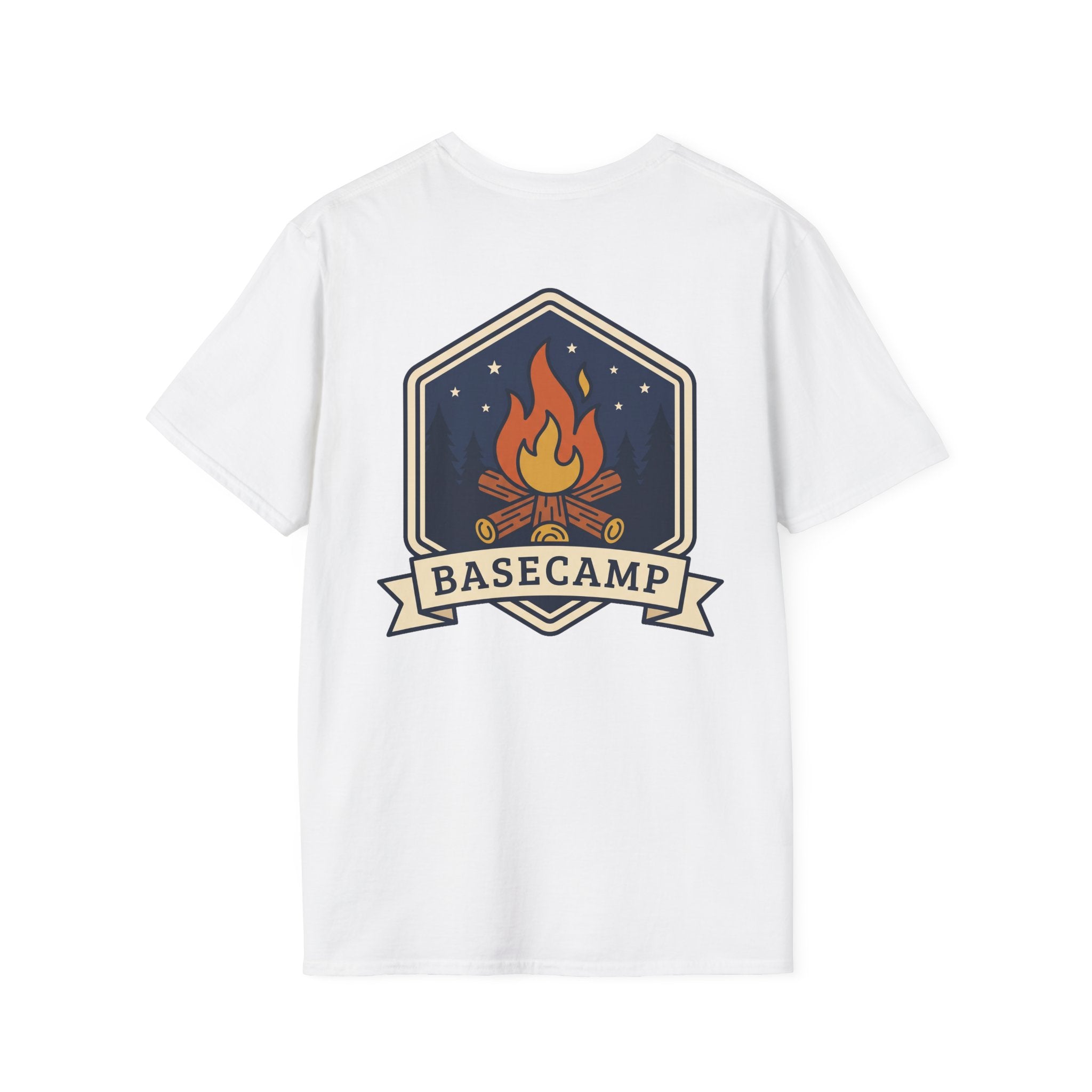 White T-shirt with campfire badge graphic featuring a flame and star details
