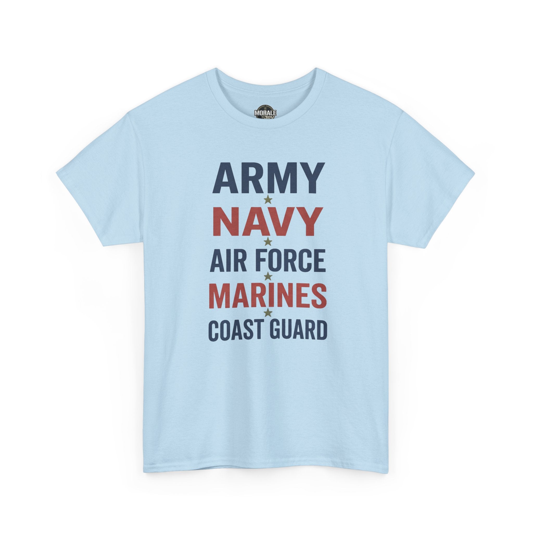 Light blue T-shirt with 'ARMY NAVY AIR FORCE MARINES COAST GUARD' print