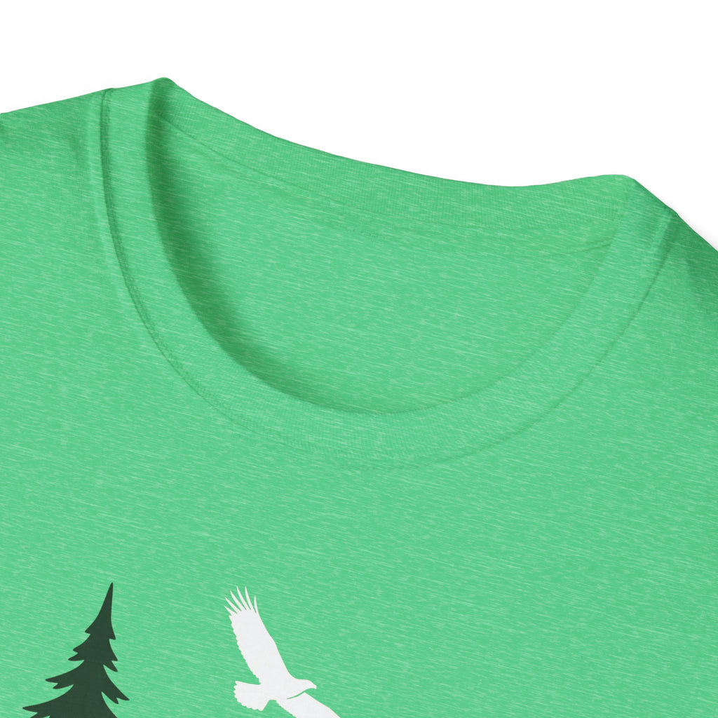 Bright green T-shirt neckline with partial white bird and pine tree graphic