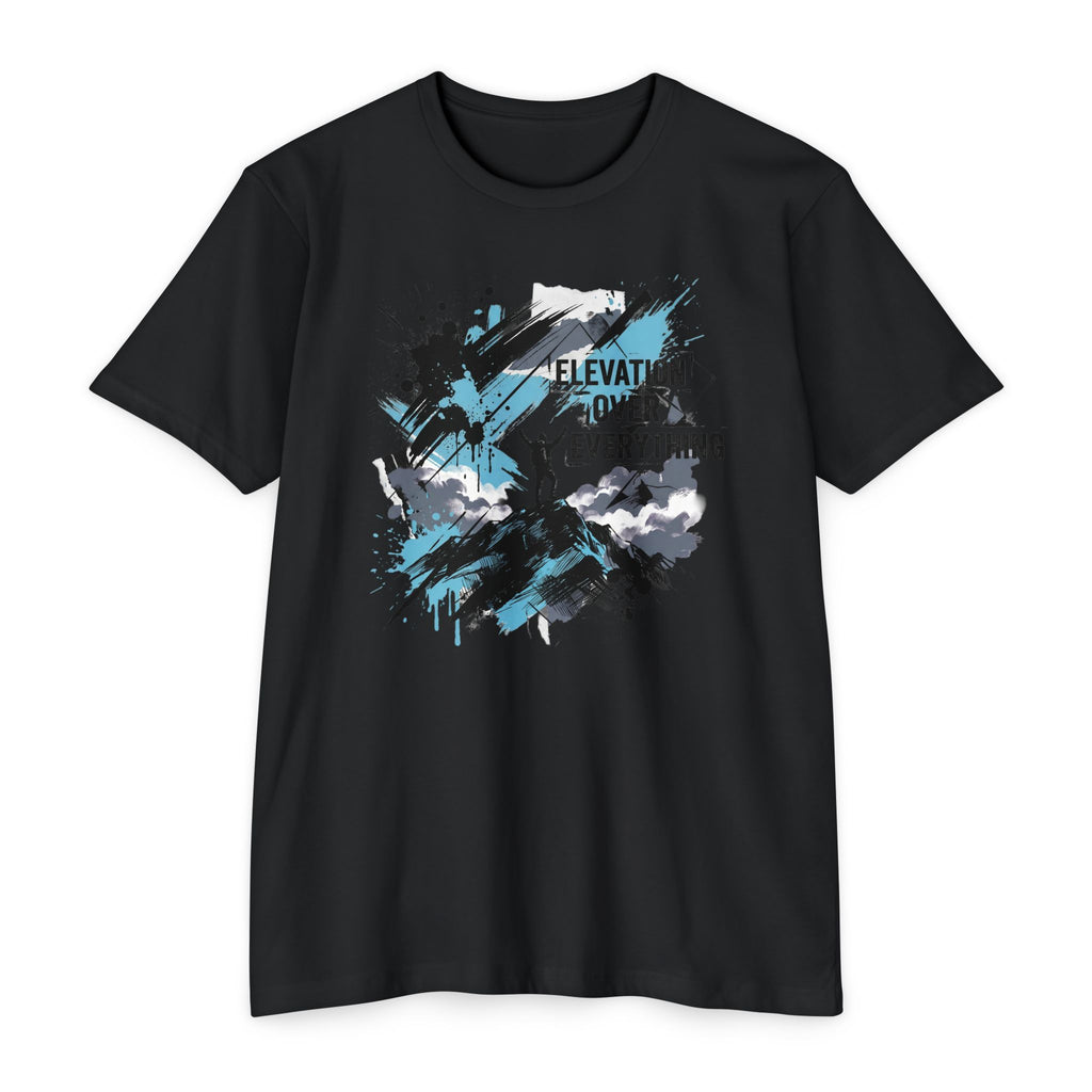 Black crewneck T-shirt with blue/black splatter mountain graphic and text "ELEVATION OVER EVERYTHING"