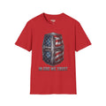 Red T-Shirt with crusader helmet American-flag graphic and “IN GOD WE TRUST”