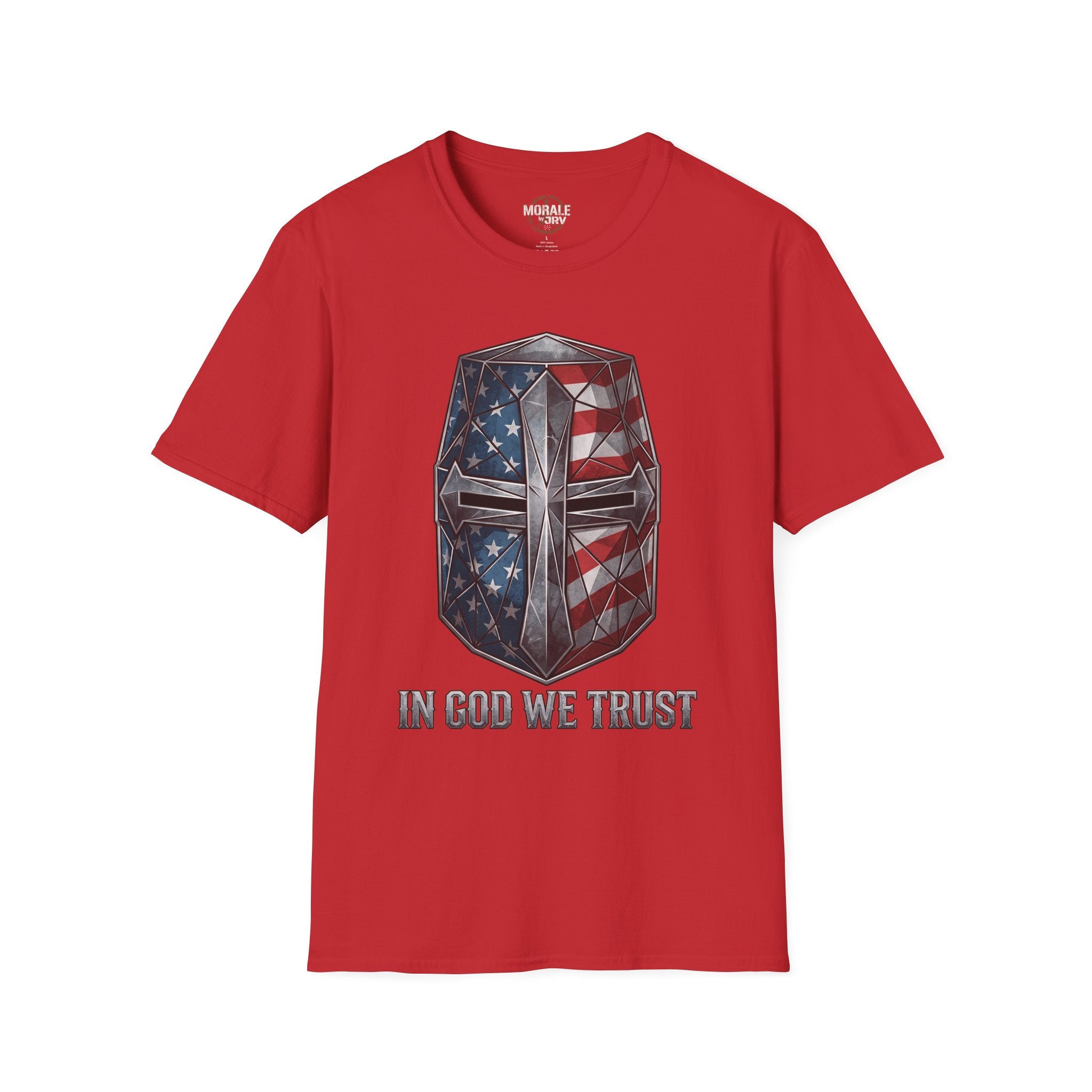 Red T-Shirt with crusader helmet American-flag graphic and “IN GOD WE TRUST”