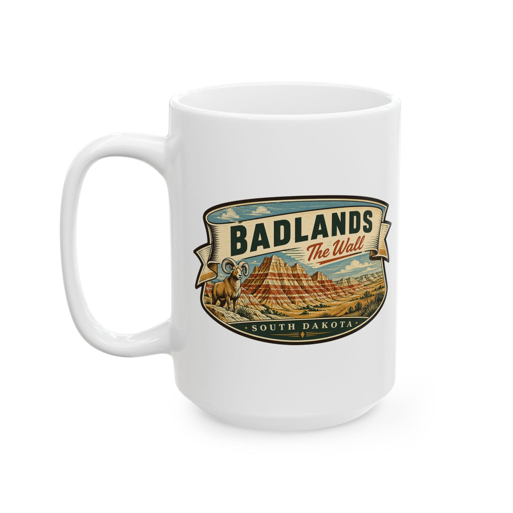 White ceramic mug with Badlands The Wall South Dakota graphic, handle partly visible