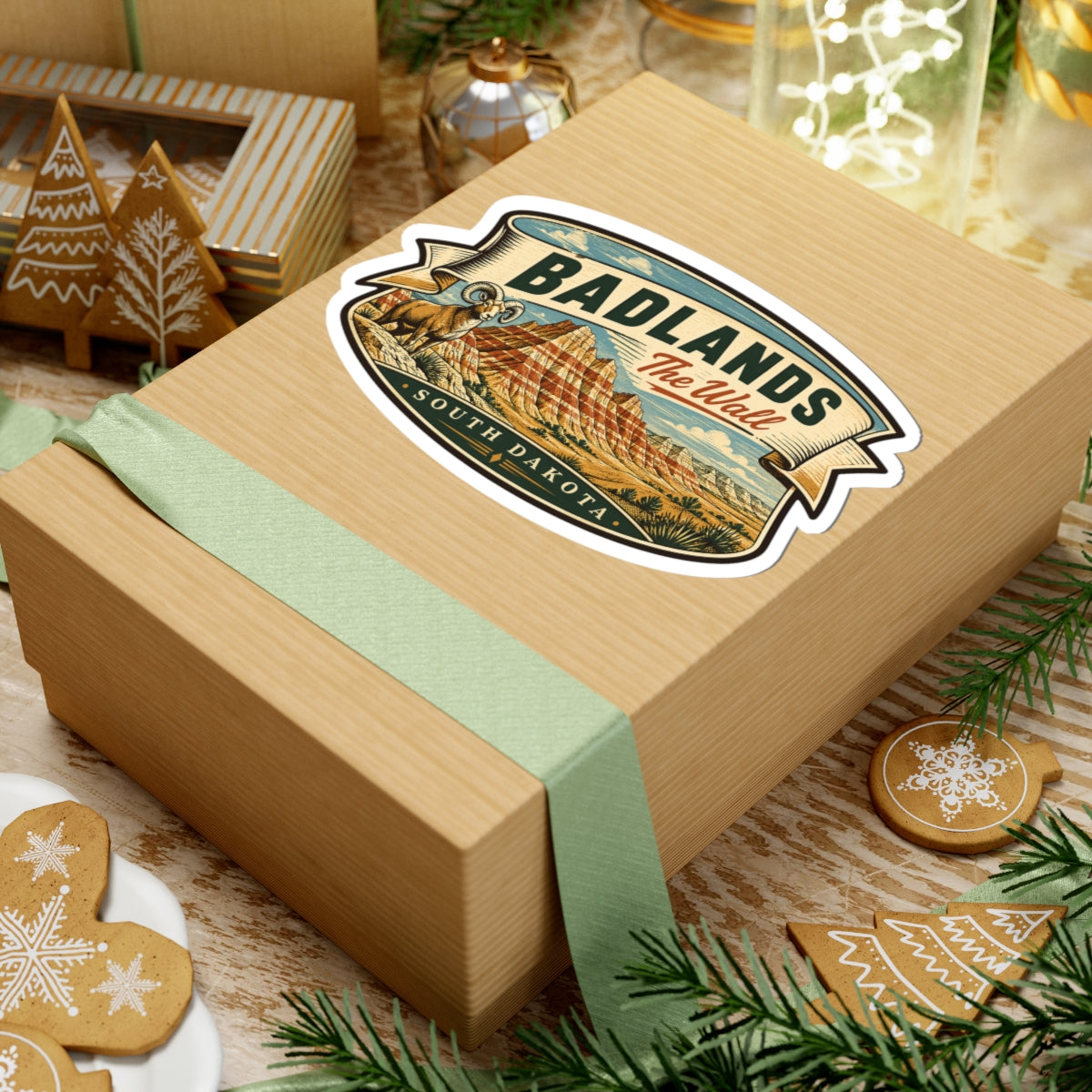 Badlands wall sticker on kraft gift box, desert ram landscape with “South Dakota” text
