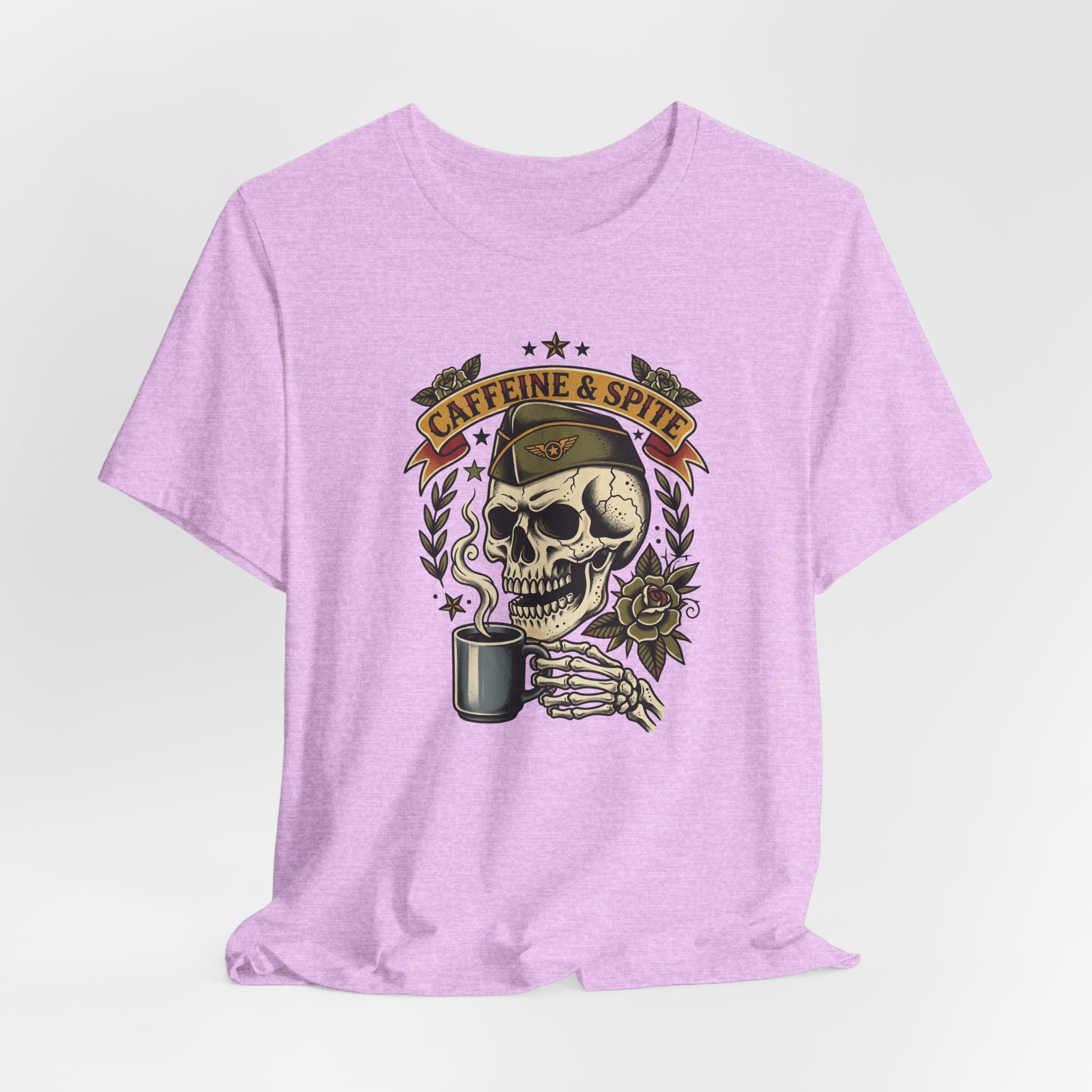Mauve crew-neck T-shirt featuring skull and coffee mug graphic