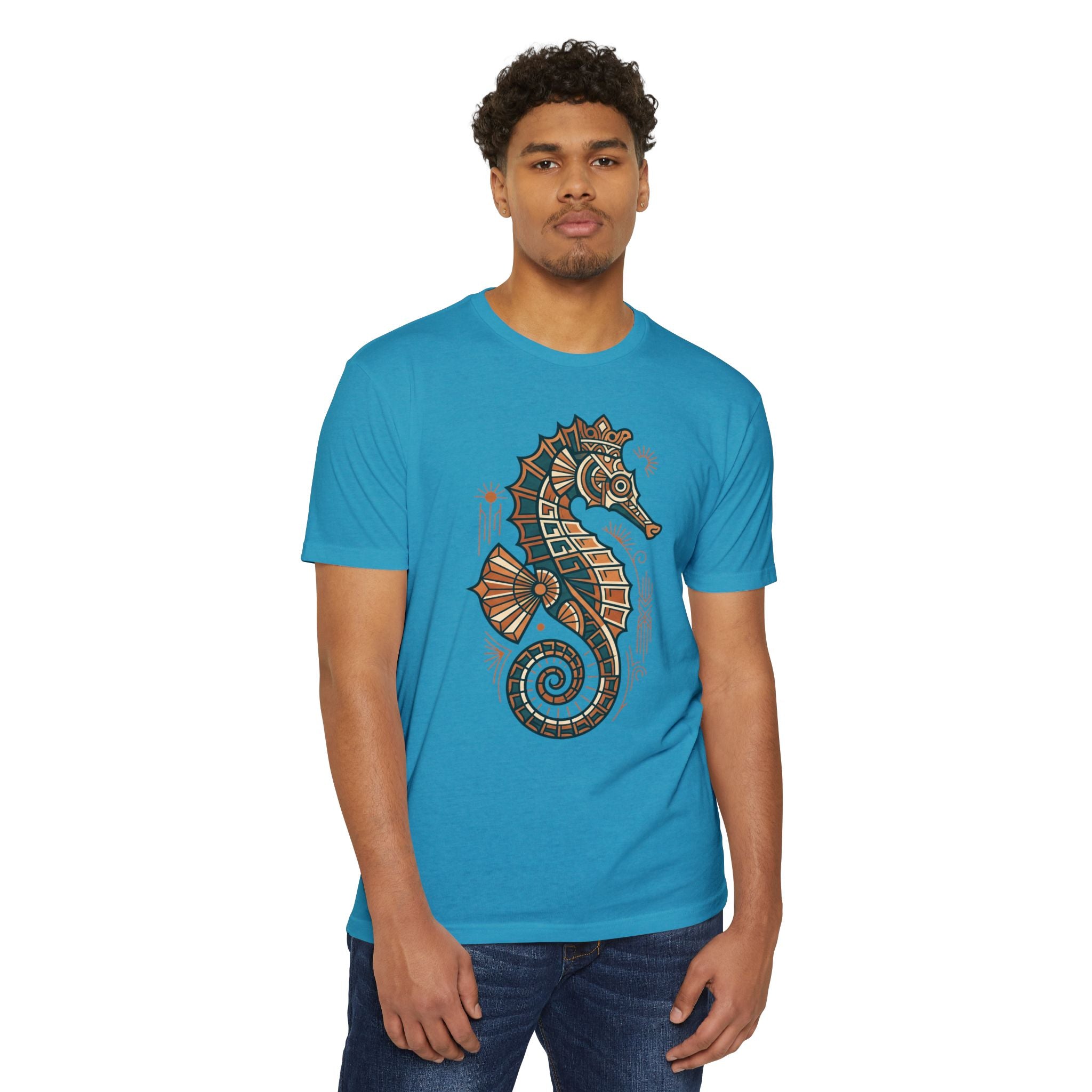 Light blue crew-neck seahorse graphic t-shirt with colorful mosaic-style print on chest