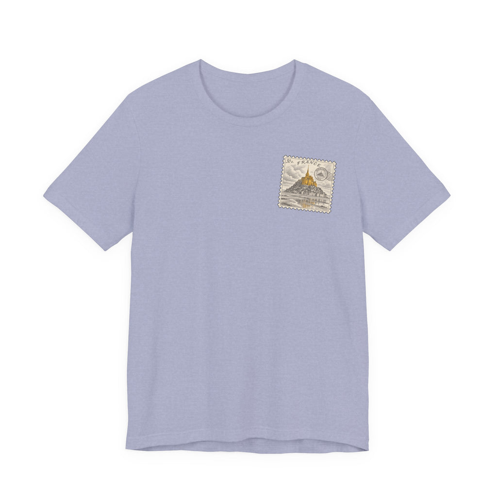 Lavender T-shirt with small vintage postage stamp graphic on left chest.