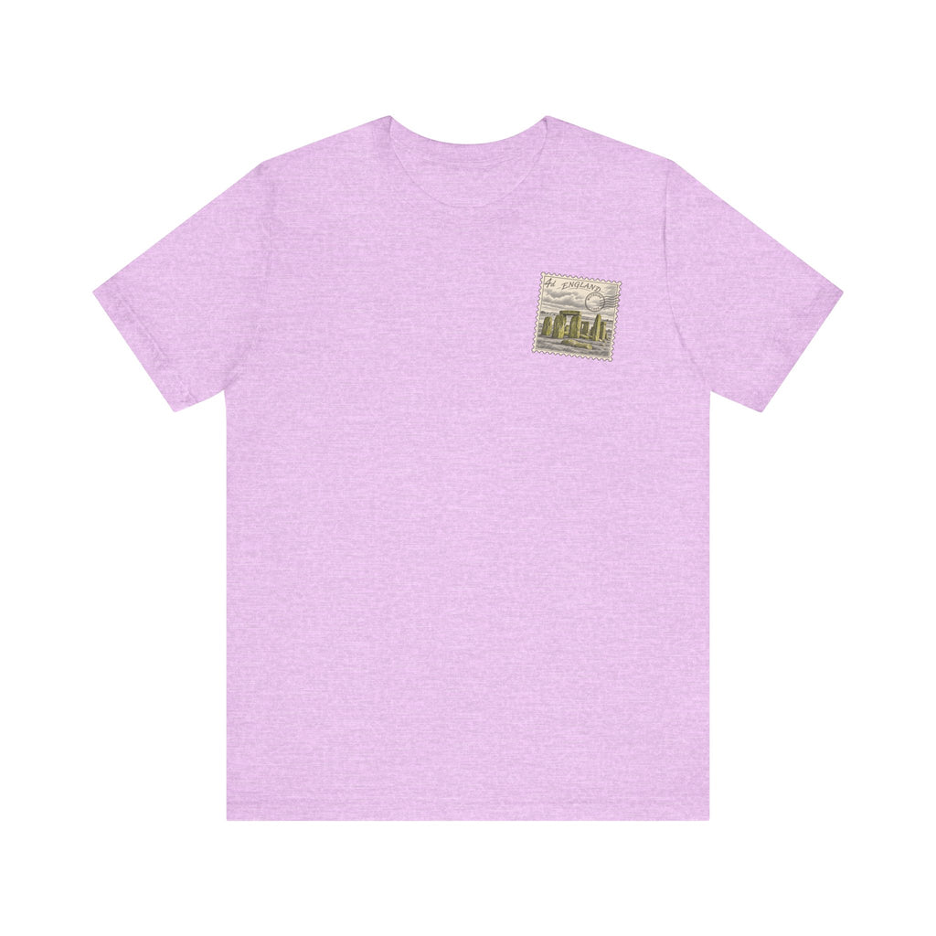 Heather Prism Lilac short-sleeve tee with small Stonehenge landmark illustration logo on chest
