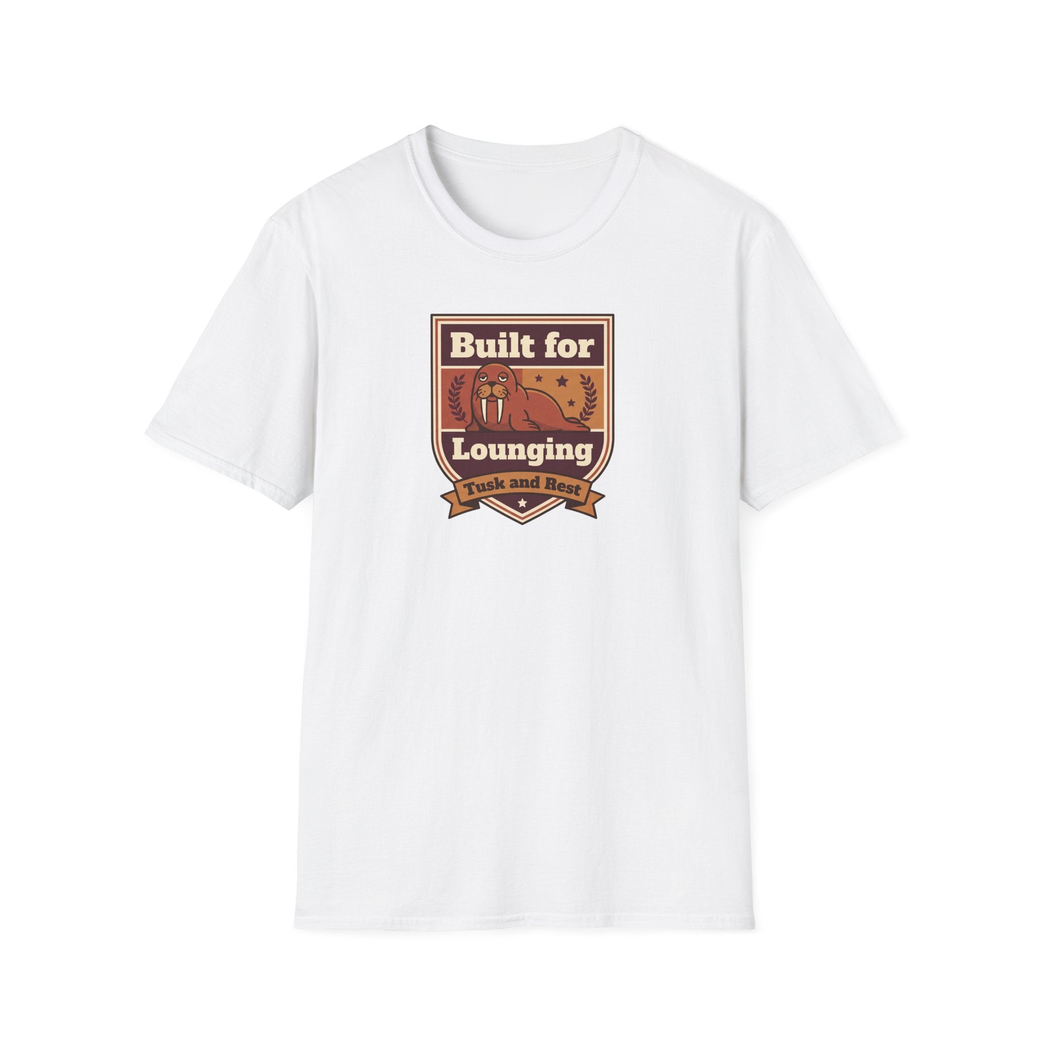 White t-shirt with small walrus “Built for Lounging” logo graphic, crew neck