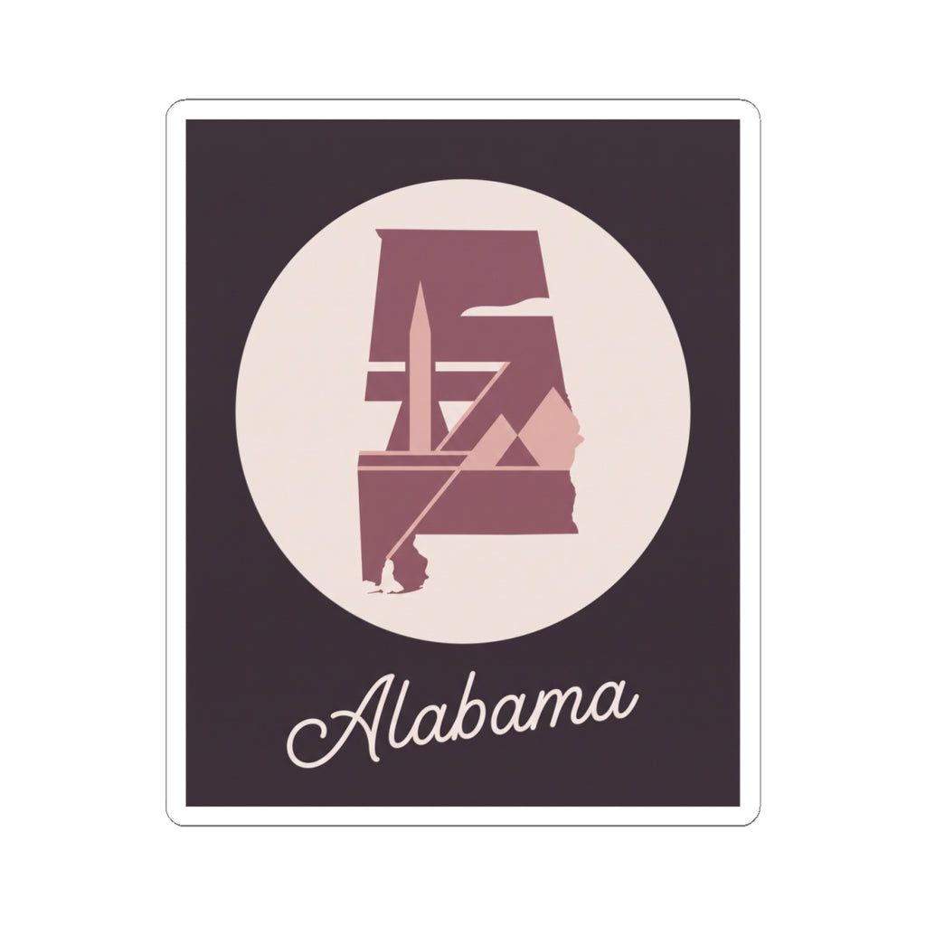 Mauve Alabama silhouette sticker with 'Alabama' script, cream circle, white border, rounded corners