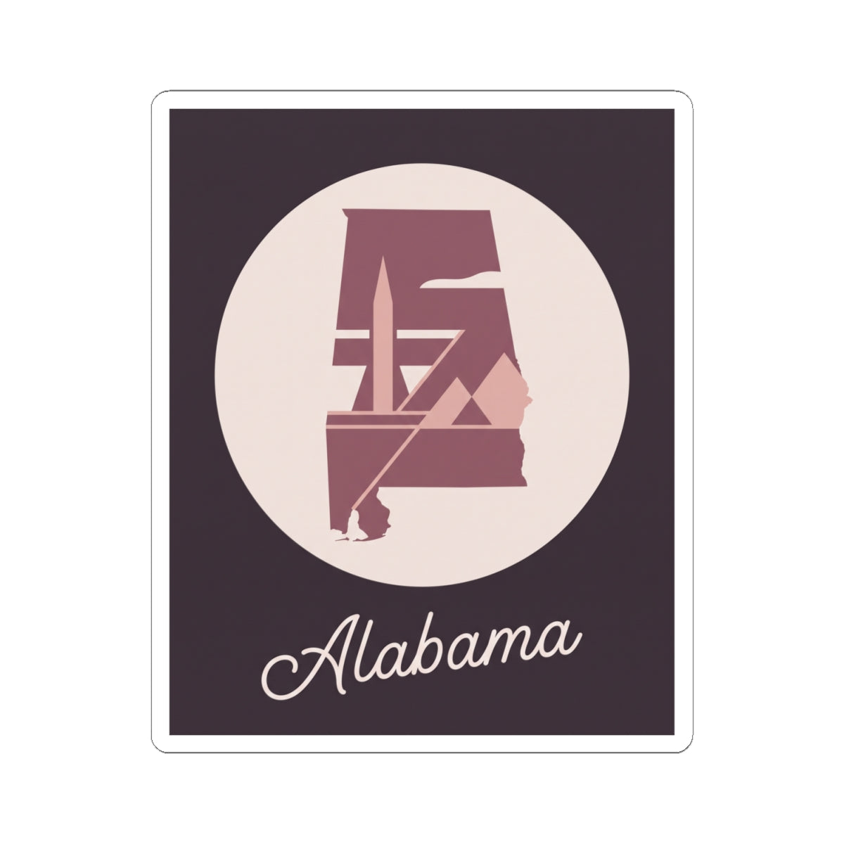 Mauve Alabama silhouette sticker with 'Alabama' script, cream circle, white border, rounded corners