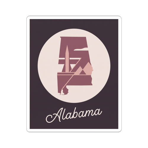 Mauve Alabama silhouette sticker with 'Alabama' script, cream circle, white border, rounded corners