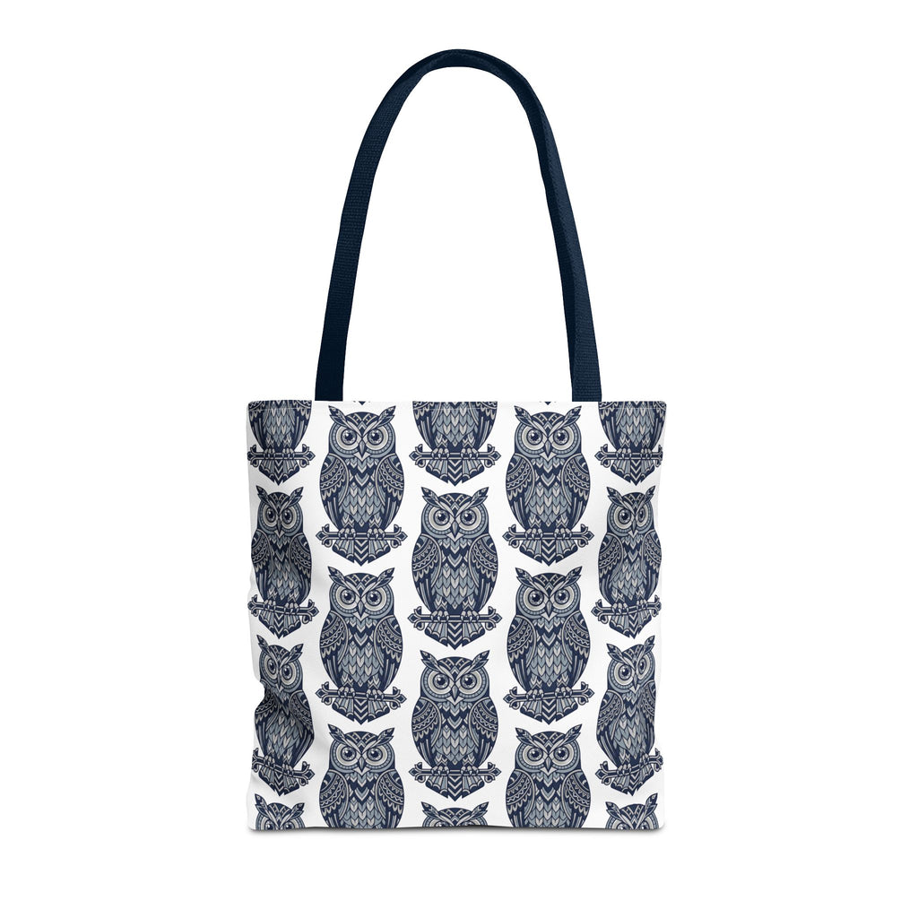 Navy owl pattern tote bag with dark handles, rows of blue-and-white owl illustrations