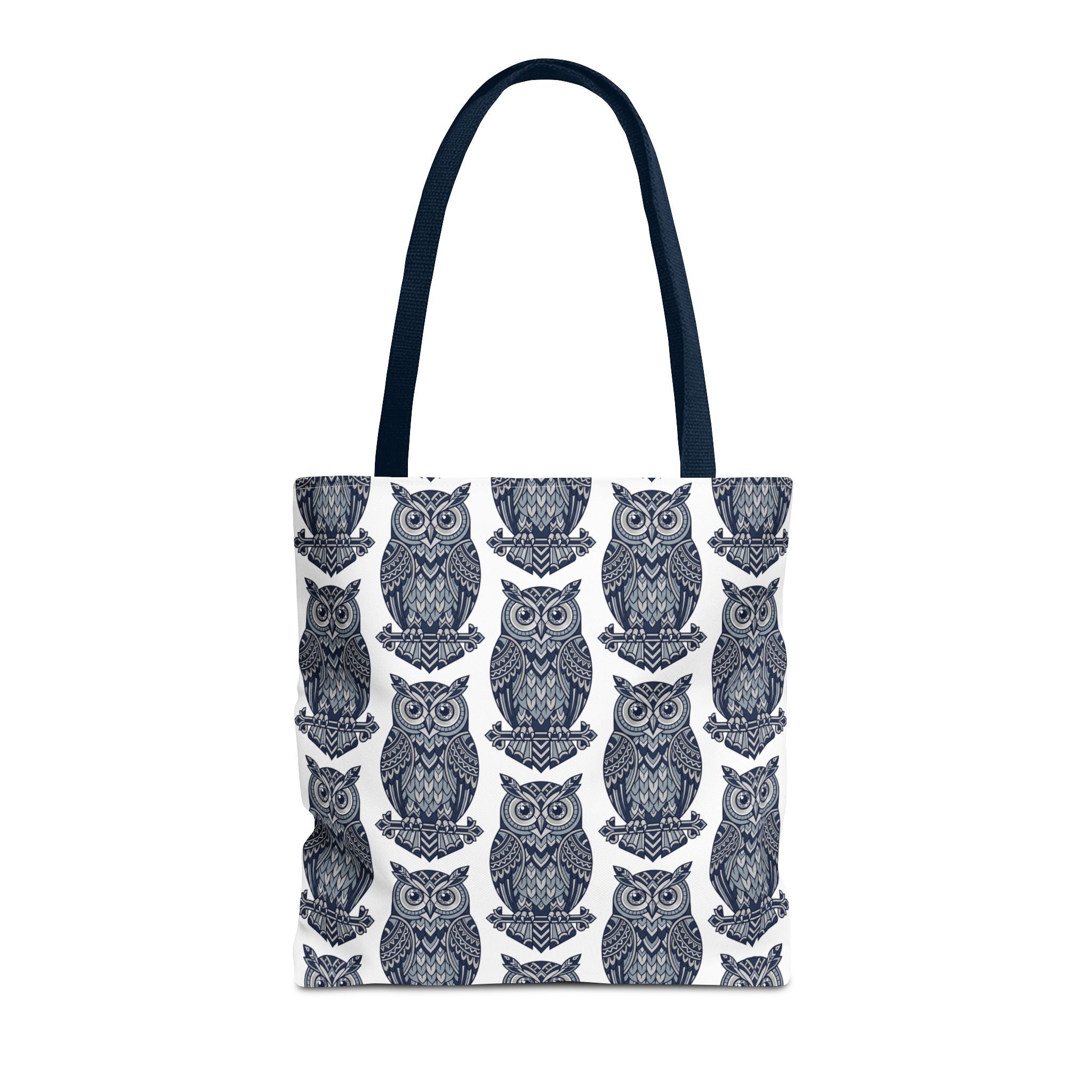 Navy owl pattern tote bag with dark handles, rows of blue-and-white owl illustrations