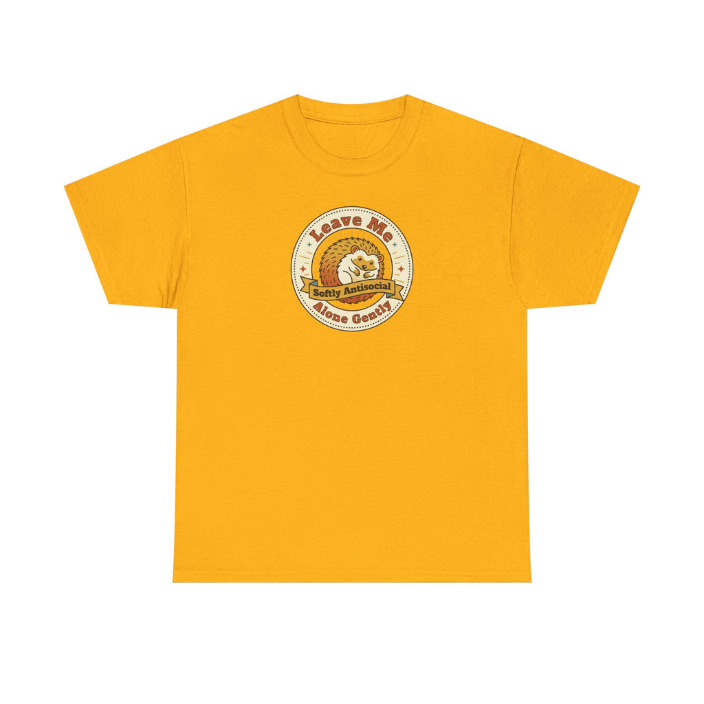 Mustard yellow T-shirt with circular graphic emblem at chest