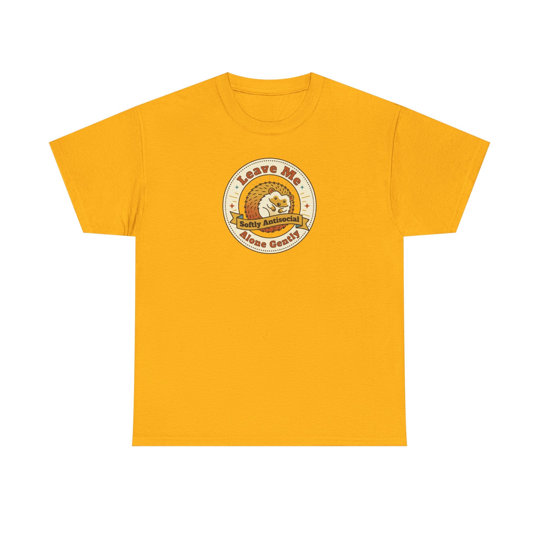 Mustard yellow T-shirt with circular graphic emblem at chest