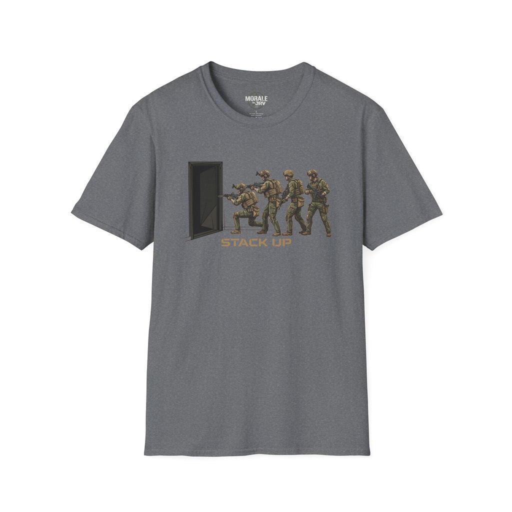 Heather gray T-shirt with 'Stack Up' door breach soldier graphic
