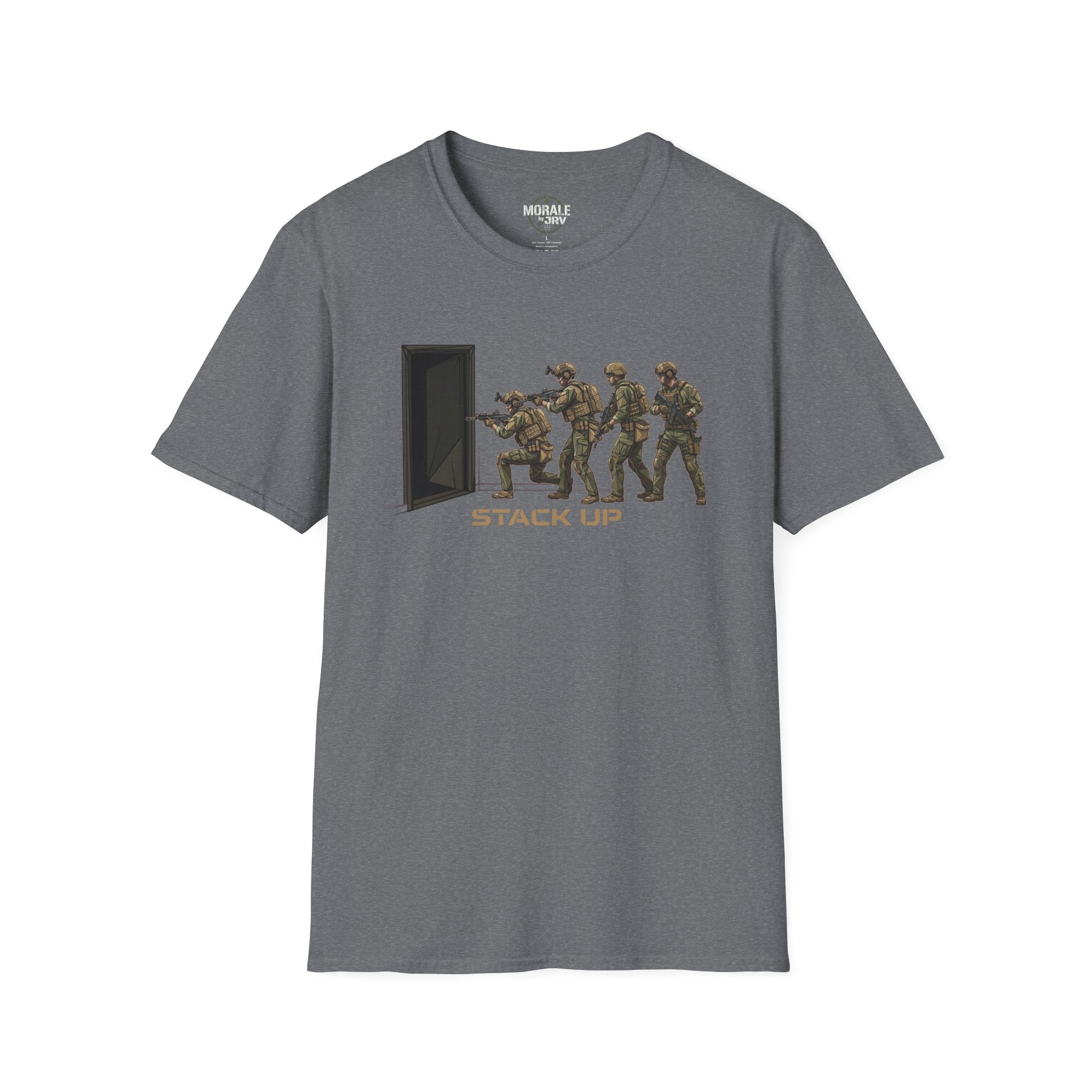 Heather gray T-shirt with 'Stack Up' door breach soldier graphic