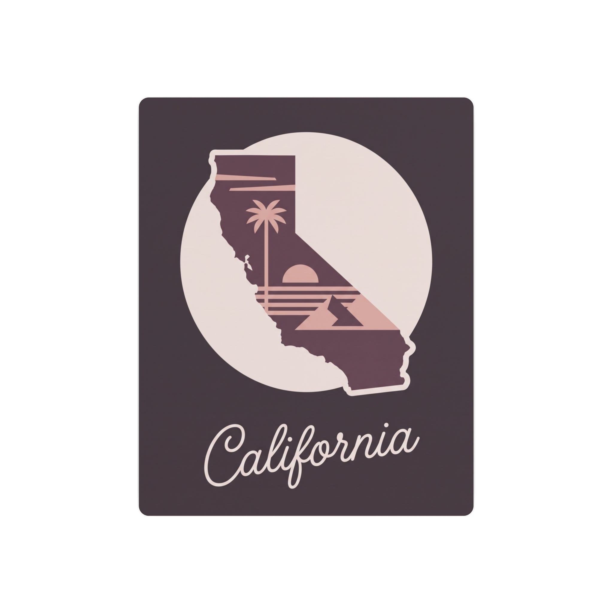 Mauve California metal wall art with circular palm tree state silhouette and script "California".
