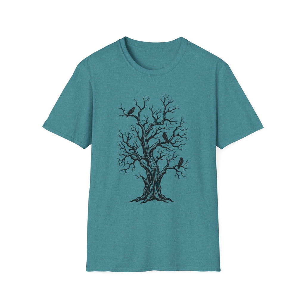 Teal T-shirt with bare tree and black crow graphic print