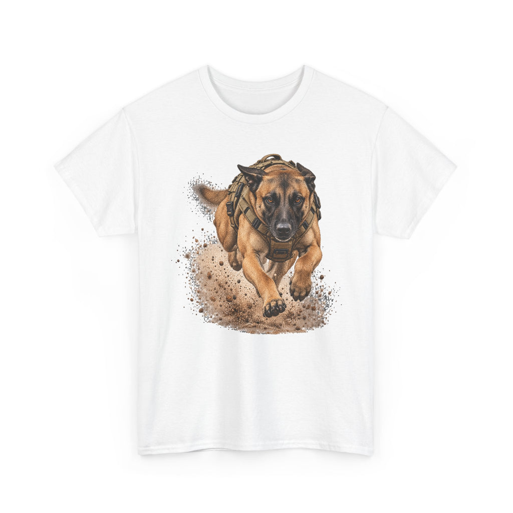 White graphic dog t-shirt with running Belgian Malinois print on chest