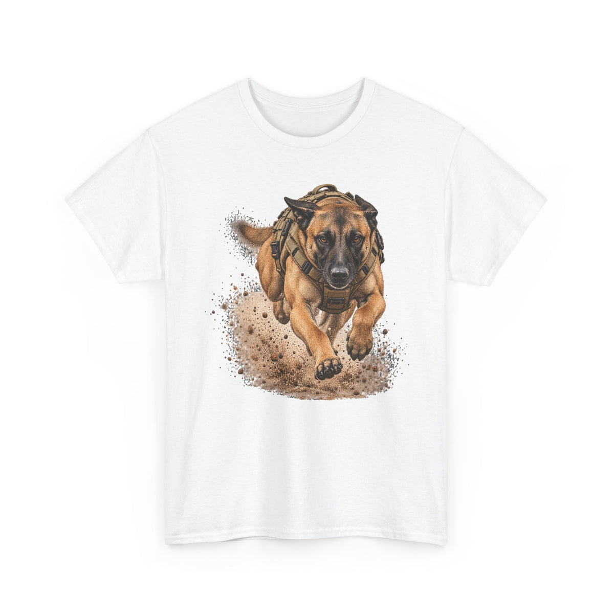 White graphic dog t-shirt with running Belgian Malinois print on chest