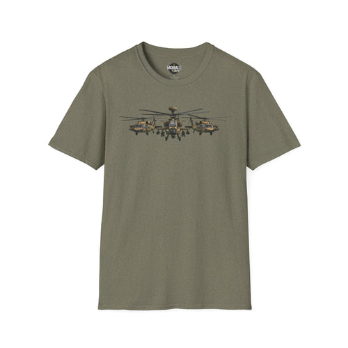 Military green T-shirt with Apache helicopter formation graphic across the chest