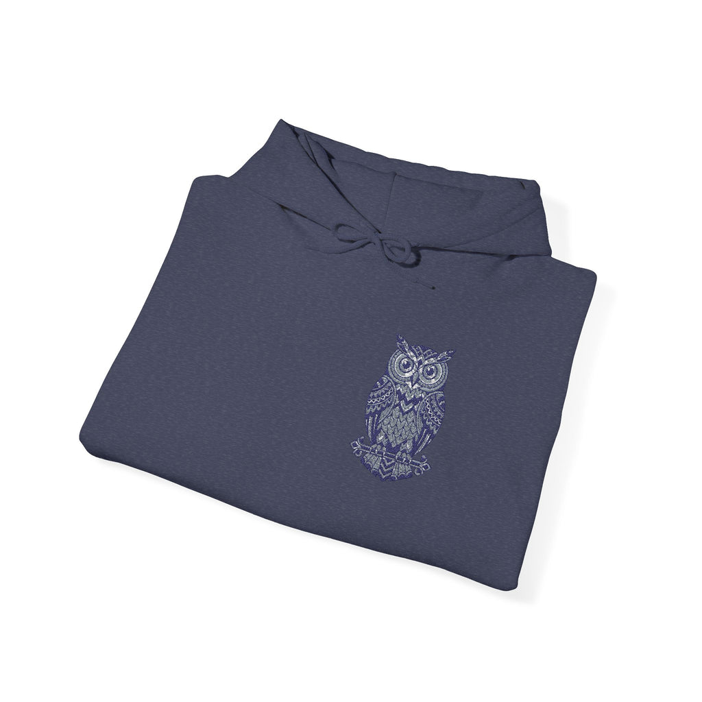 Navy unisex owl hoodie, small owl chest print and drawstring hood