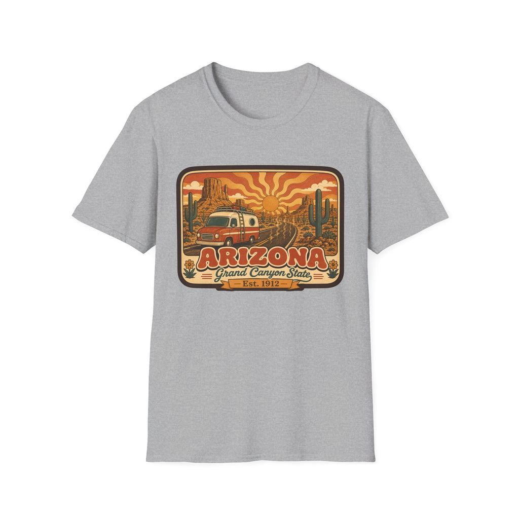 Men’s unisex light gray T-shirt with Arizona graphic print featuring a camper and desert scene