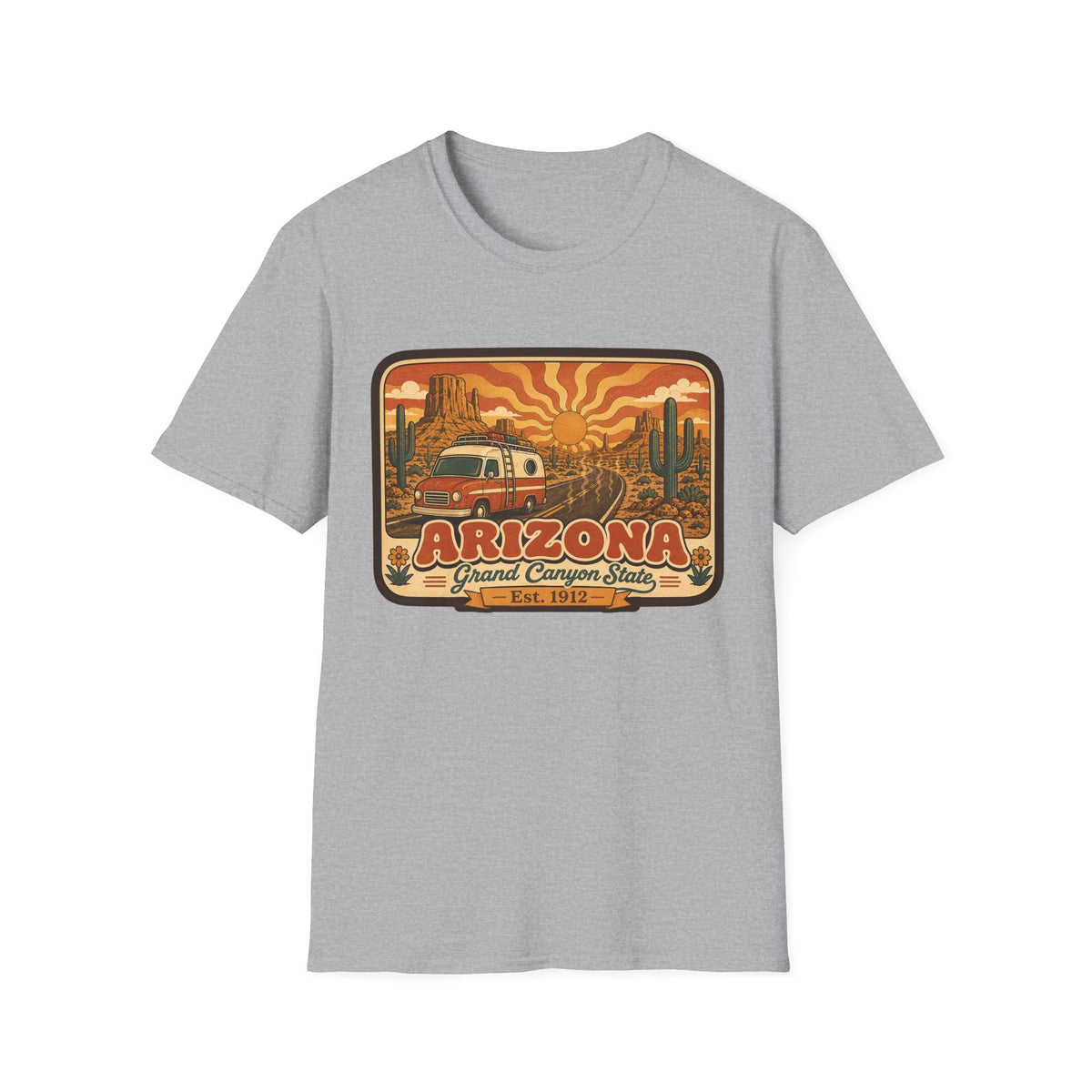 Men’s unisex light gray T-shirt with Arizona graphic print featuring a camper and desert scene