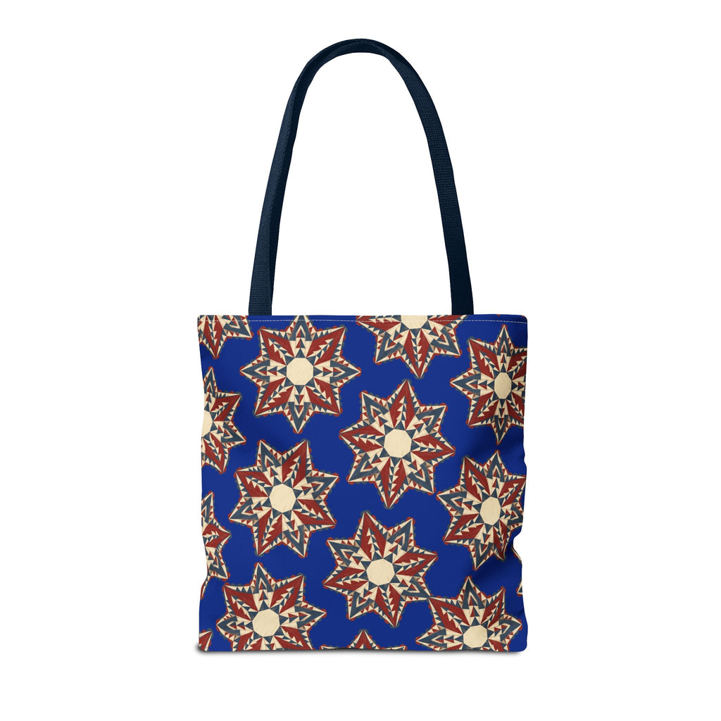 Navy tote bag with red and cream starburst floral pattern, front view with top handles.