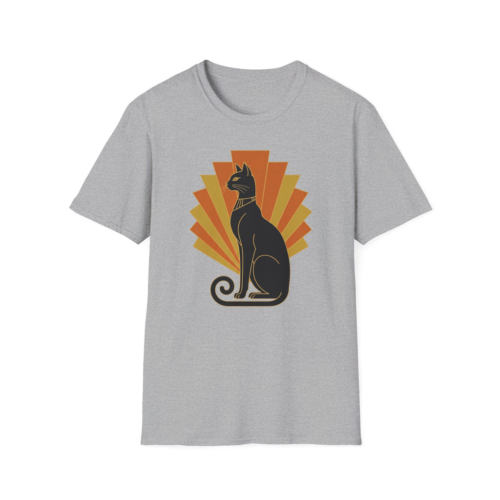 Gray cat T-shirt front with Egyptian-style black cat graphic and orange sunburst
