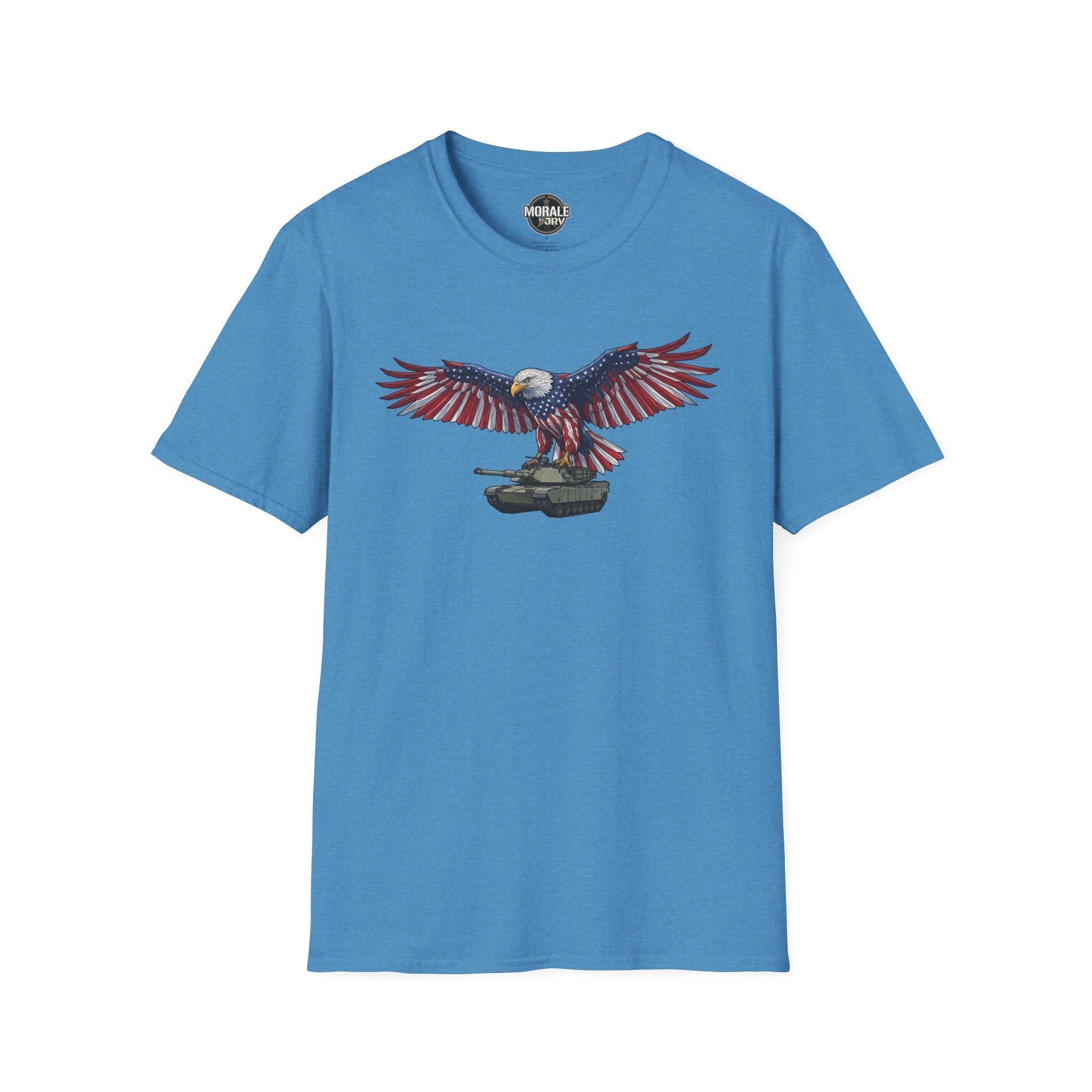 Blue T-shirt with bald eagle graphic over M1 Abrams tank and American flag wings