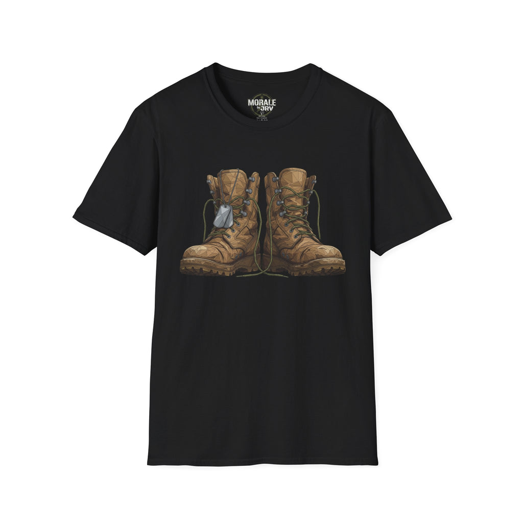 Black T-shirt with vintage combat boots graphic in brown and tan