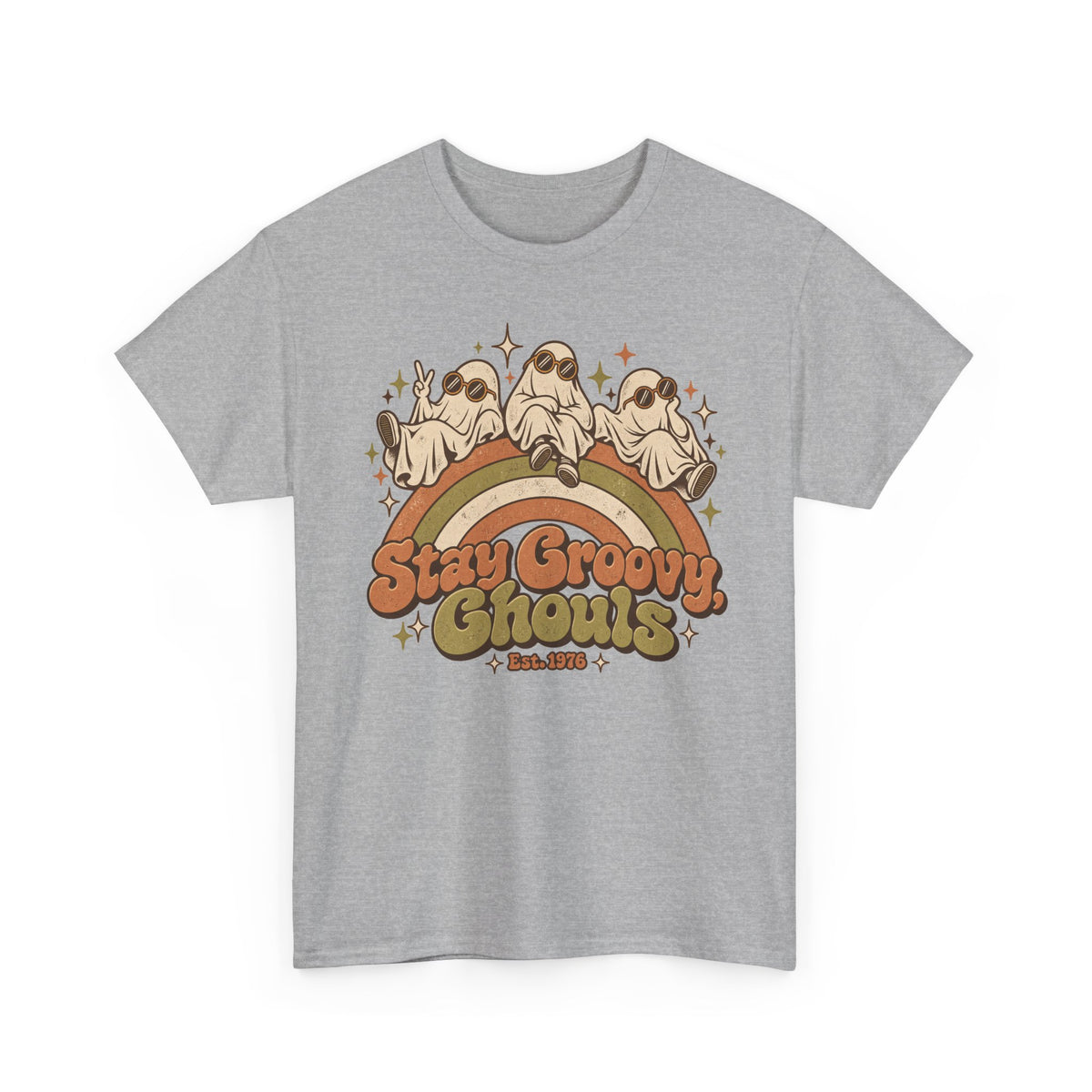 Stay Groovy Ghouls T-Shirt, Retro Rainbow Ghosts in Sunglasses Halloween Shirt for Women and Men, Cute 70s Spooky Tee