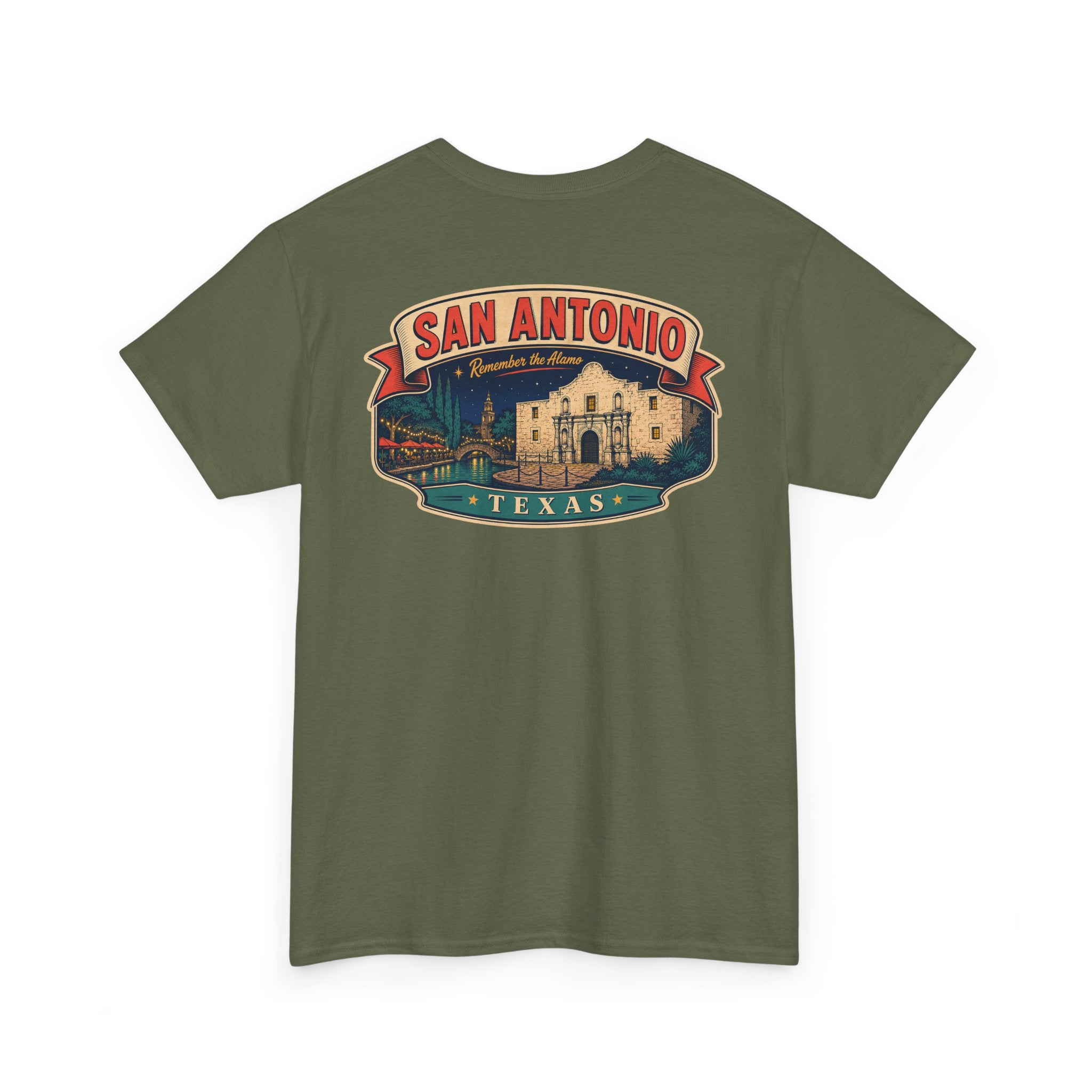 Military green crewneck T-shirt with San Antonio Texas city badge graphic