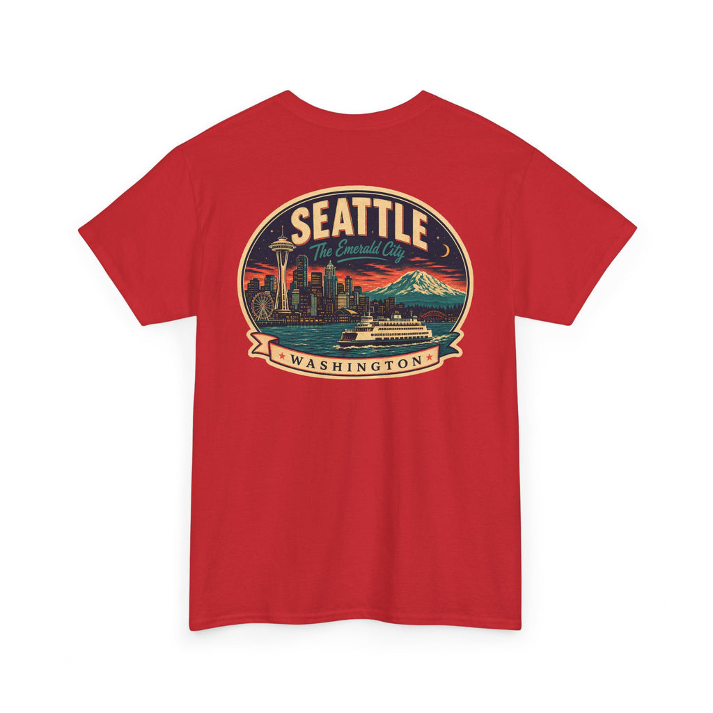 Red Seattle logo T-shirt with retro skyline badge graphic