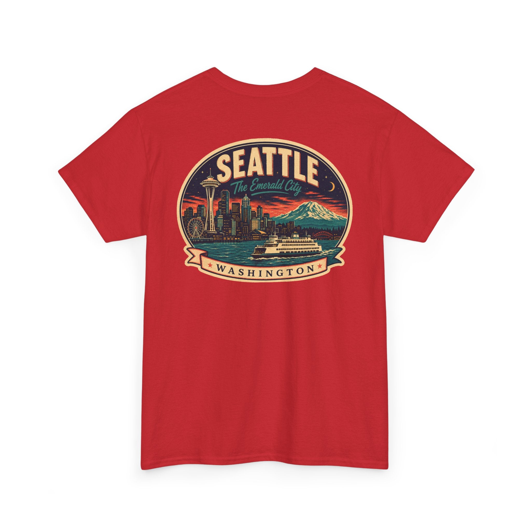 Red Seattle logo T-shirt with retro skyline badge graphic