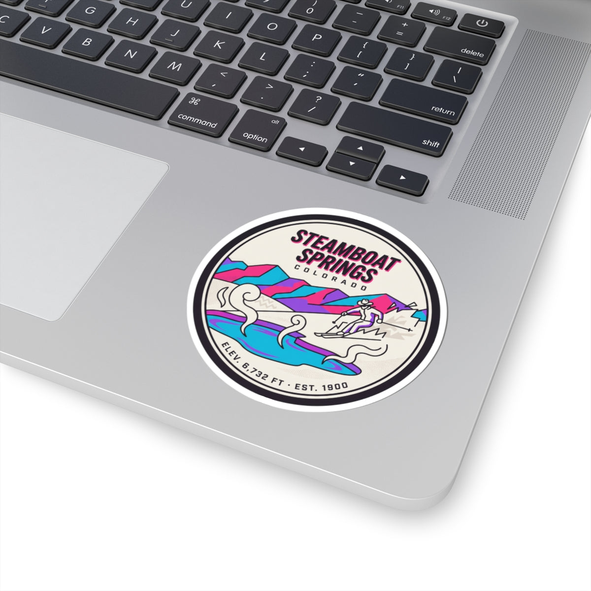 Circular vinyl sticker with “STEAMBOAT SPRINGS COLORADO” lettering and skier over stylized water.